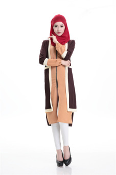 Cotton And Polyester Blended Fake Two pieces Long Sleeve Muslim Dress (Light brown) - intl  