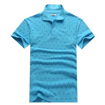 Cotton Polo Shirt With Sailing Boat Print Bright Blue  