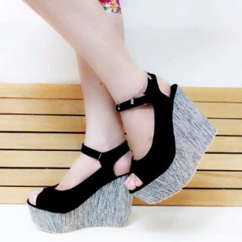 Cremline - Sepatu Sandal Wedges Wanita SDW70 - Hitam Abu-abu  