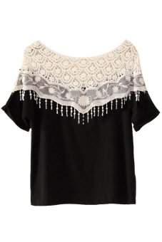 Crochet Lace Patchwork Short Sleeve T-shirt - (Black)  