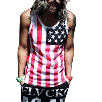 Cyber Casual Men Wear Cool Sweet O-neck Sleeveless Star striped Print Tank Top (Red)  