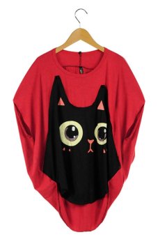 Cyber Casual Women Loose Big Size Bat Sleeve T-shirt Cat Pattern Tops (Red)  