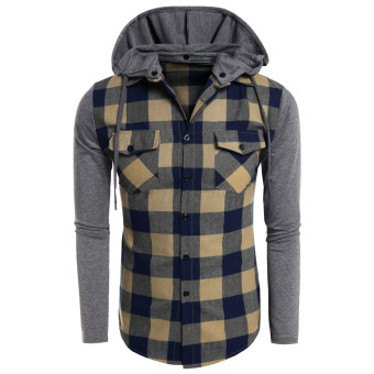 Cyber COOFANDY Men Fashion Hooded Long Sleeve Plaid Patchwork Button Down Casual Shirts ( Beige ) - intl  