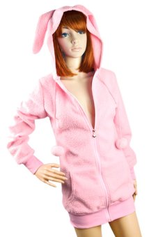 Cyber Cute Women Bunny Ears Warm Hoodie Jacket Coat (Pastel Pink)  