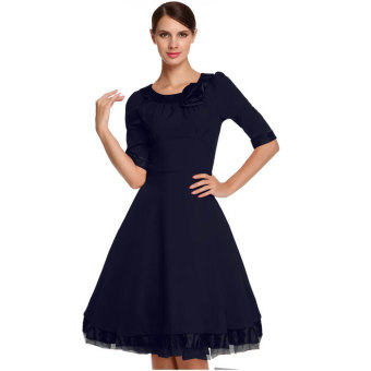 Cyber Elegant Ladies Women Half Sleeve High Waist Long Party Pleated Dress (Dark Blue)  