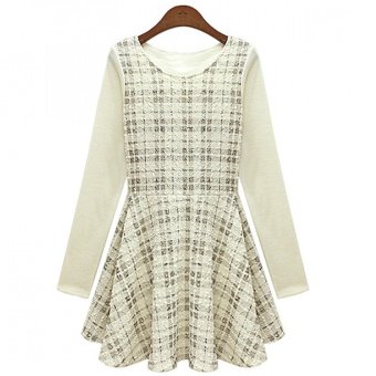 Cyber European Style Stitching Slim Round Neck Long Sleeved Plaid Dress Bottoming Skirt (White)  