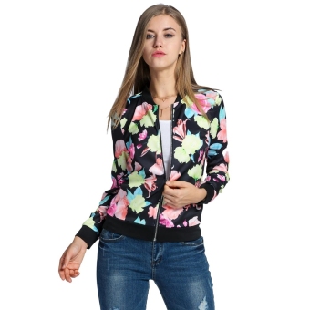 Cyber Fashion Women Floral Slim Zip Up Short Casual Bomber Jacket Coat ( Black ) - intl  