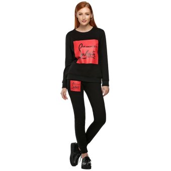 Cyber Finejo Autumn Winter Fashion Women Casual Sport O-neck Long Sleeve Hoodie Top And Pant Two Piece ( Black )  