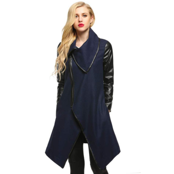 Cyber Finejo Women Lapel Long Sleeve Zip-up Faux Leather Patchwork Irregular Hem Wool Blend Coat Outwear (Black)  