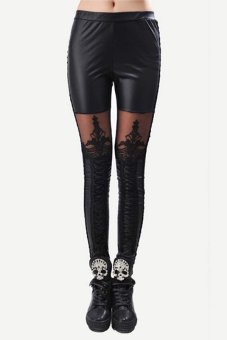 Cyber Hollow Lace Embroidery Women'S Leggings Pants Faux Leather Pants(Black)  