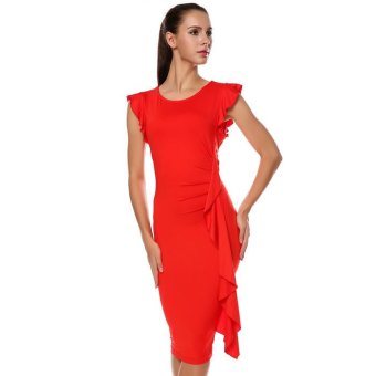 Cyber Hot Fashion Lady Women's Lotus Sleeve O-Neck Front Pleated Elegant Dress(red) (Intl)  
