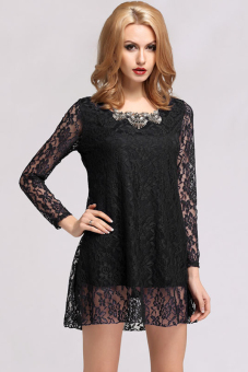 Cyber Lady Long Sleeve Floral Lace Casual Mini Dress (Black)  