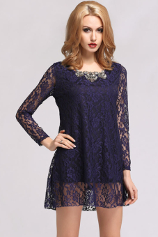 Cyber Lady Long Sleeve Floral Lace Casual Mini Dress (Blue)  