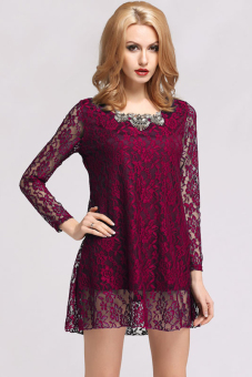 Cyber Lady Long Sleeve Floral Lace Casual Mini Dress (Red) - intl  