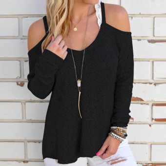 Cyber New Women Casual Off Shoulder Loose Spaghetti Strap Long Sleeve Top Blouse(Black) - intl  