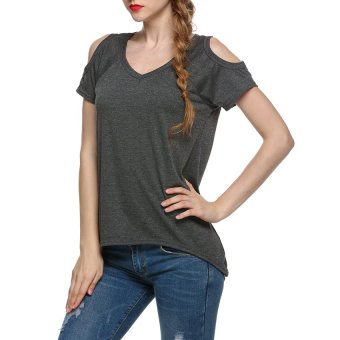 Cyber Sexy Women Casual V-Neck Off Shoulder T-Shirt Short Sleeve Solid Stretch T-Shirt Tops ( Dark Grey )  