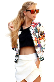 Cyber Spring Autumn Women O-Neck Long Sleeve Floral Zipper Baseball Jacket Coat Tops ( White )  