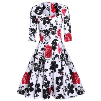 Cyber Women 3/4 Sleeve Pleated Dress Floral Large Swing Vintage Style Slim Party Calf Dress ( Red ) - intl  