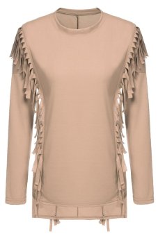 Cyber Women Casual Batwing Long Sleeve Fringe Tassel Asymmetric Irregular Hem T Shirt Tops Jumper Shirt Blouse ( Khaki )  