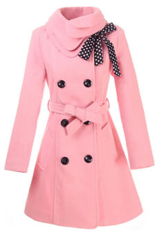 Cyber Women Casual Double-breasted Luxury Long Wool Coat with Belt (Pink)  