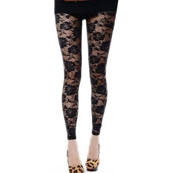 Cyber Women Fashion Stretch See-through Slim Fit Lace Ankle length Pants Trousers Leggings (Black)  