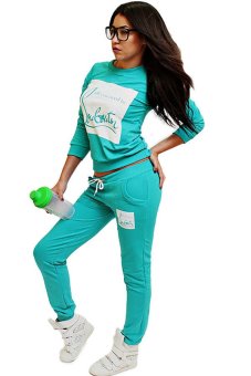 Cyber Women Letters Print Sportswear Tracksuits Casual Sweatshirts Hoodie + Pants 2PCS Set (Green)  