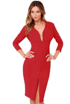 Cyber Women Sexy Deep V-Neck Long Sleeve Sheath Package hip Front Split Party Work Slim Pencil Dress Red  