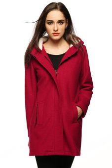 Cyber Women Warm Hooded Long Sleeve Zipper Long Wool Blend Coat Outwear (Red)  