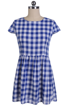 Cyber Women's Fashion O-neck Short Sleeve Casual Plaid Mini Dress Blue  