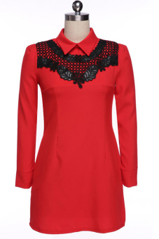 Cyber Women's Long Sleeve Lapel Solid Color Lace Splicing Zipper Casual Dress Red  