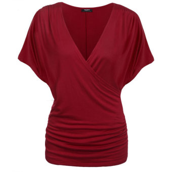 Cyber Zeagoo V-Neck Short Sleeve Solid Twist Knot Front Blouse Tops (Wine red) - Intl - intl  