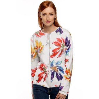 Cyber Zeagoo Women Casual Collarless Long Sleeve Floral Print Zip Jacket Coat Tops - intl  