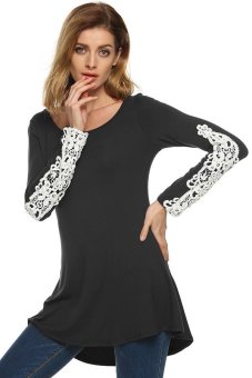 Cyber Zeagoo Women Casual O-Neck Lace Patchwork Long Sleeve Slim Stretch Blouse Tops (Black)  