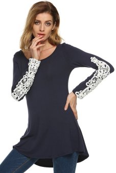 Cyber Zeagoo Women Casual O-Neck Lace Patchwork Long Sleeve Slim Stretch Blouse Tops (Navy Blue)  