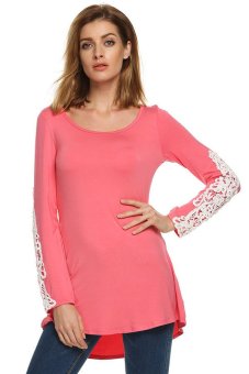 Cyber Zeagoo Women Casual O-Neck Lace Patchwork Long Sleeve Slim Stretch Blouse Tops (Pink)  