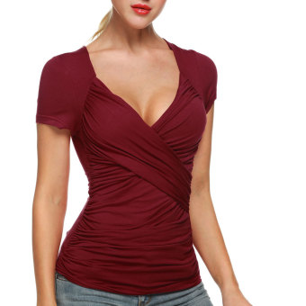 Cyber Zeagoo Women Crossover Short Sleeve Ruched Blouse Tops (Wine Red)  