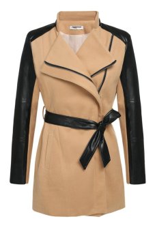 Cyber Zeagoo Women Lapel Long Sleeve Synthetic Leather Patchwork Wool Blend Trench Coat Outerwear ( Khaki )  