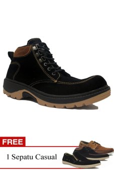 D-Island Shoes Safety Boots Mens Rocky Suede Black + Gratis 1 Sepatu  