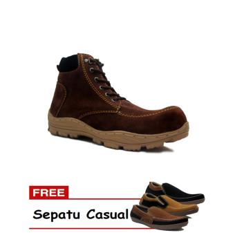 D-Island Shoes Safety Boots Mens Rocky Suede Brown + Gratis 1 Sepatu  