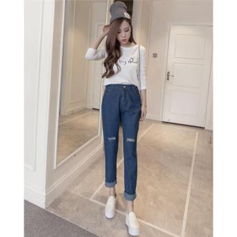 Dark Blue Korean Spring 2017 Womens Cotton Blend Hole Loose Harem Jeans Bleached Feminina Boyfriend Casual Jeans for Women Trousers - intl  