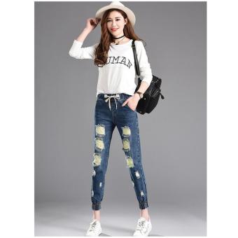 Dark Blue Korean Women Summer Pants Holes Casual Trousers for Ladies Ripped Mid Waist Drawstring Fashion New Skinny Denim Calf Length Jeans - intl  