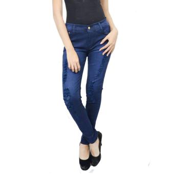 DEcTionS Celana Panjang Soft Jeans Wanita Ripped / Sobek D08 - Biru Tua  
