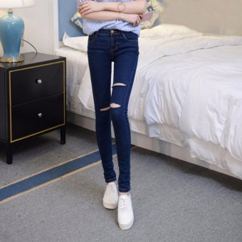 Deep Blue Knee Three Hole Jeans Women's Feet Stretch Pencil Pants - intl  