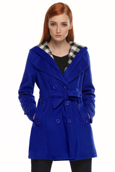 Double Breasted Hooded Fleece Belted Long Jacket Outwear Tweed Coat (Blue) - intl  