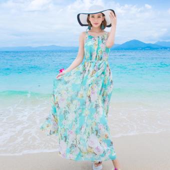 DR023 Women's spaghetti strap green flowers print chiffon beach maxi long dress S M L - intl  