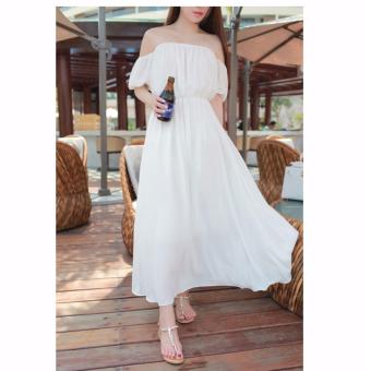 DR031 Women's sexy slash neck off shoulder short sleeve beach maxi long chiffon dress S M L White color -intl  