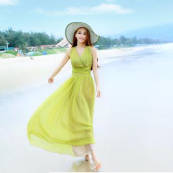 DR059 Women's vacation deep v-neck green color sleeveless back cross hollow out maxi long chiffon dress S M L - intl  