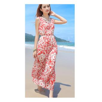 DR090 Women's sleeveless o-neck red porcelain print beach maxi long chiffon tank dress - intl  