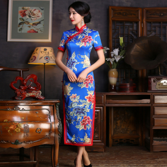Dress Exquisite Pattern Cloth Silk Long Section Cheongsam (Blue) - Intl  