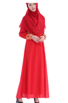 Dubai Women's Dress Chiffon Long Muslim Long Sleeve Maxi Dress Robes Gowns with Belt Arab Costume(Red)  